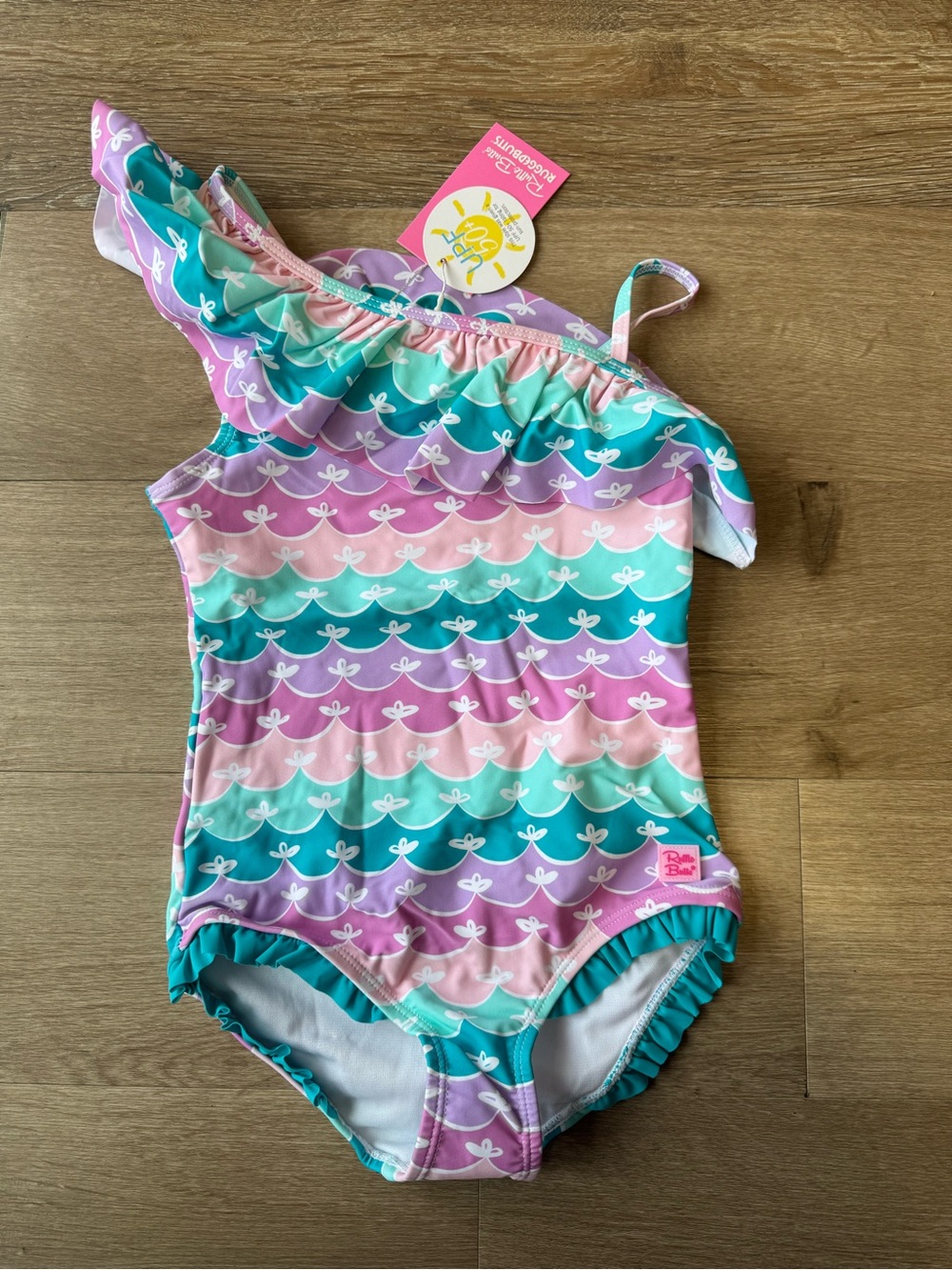 Ruffle Butts One-Shoulder Ruffle Swimsuit - Pink, Teal & Purple Size 7